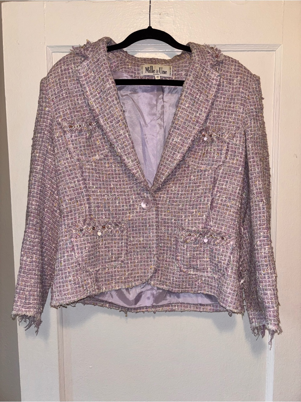 VTG 80s France Tweed Pink Blazer Bead Work Career Power Multicolor 46 Large